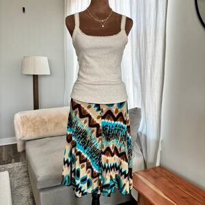 Vintage Y2K Candy Rain Flowy Midi Skirt Blue Brown Ruched Waist Size Medium